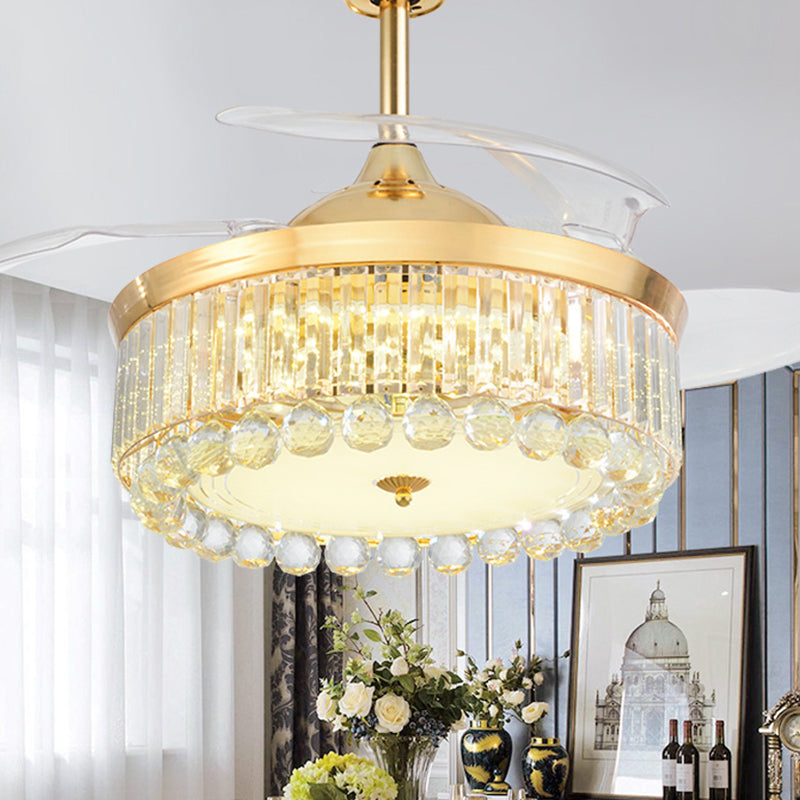 19" Wide Faceted Crystal Drum Ceiling Fan Light Simple LED Gold Semi Mount Lighting with 4 Blades Clearhalo 'Ceiling Fans with Lights' 'Ceiling Fans' 'Modern Ceiling Fans' 'Modern' Lighting' 1984163