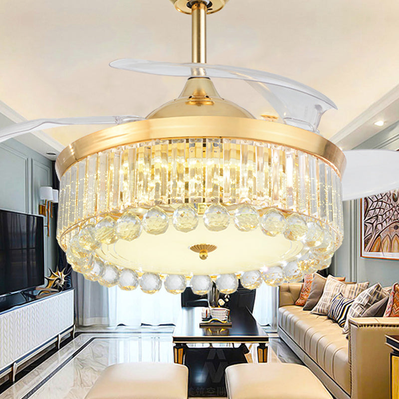 19" Wide Faceted Crystal Drum Ceiling Fan Light Simple LED Gold Semi Mount Lighting with 4 Blades Clearhalo 'Ceiling Fans with Lights' 'Ceiling Fans' 'Modern Ceiling Fans' 'Modern' Lighting' 1984164