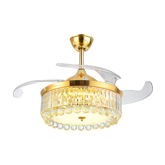 19" Wide Faceted Crystal Drum Ceiling Fan Light Simple LED Gold Semi Mount Lighting with 4 Blades Clearhalo 'Ceiling Fans with Lights' 'Ceiling Fans' 'Modern Ceiling Fans' 'Modern' Lighting' 1984165