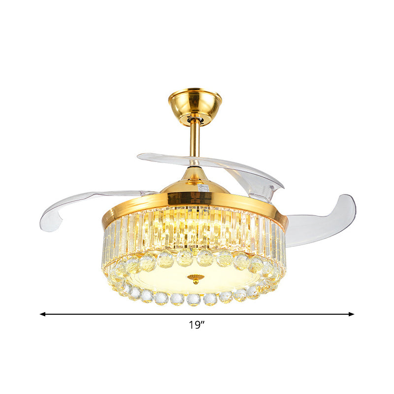 19" Wide Faceted Crystal Drum Ceiling Fan Light Simple LED Gold Semi Mount Lighting with 4 Blades Clearhalo 'Ceiling Fans with Lights' 'Ceiling Fans' 'Modern Ceiling Fans' 'Modern' Lighting' 1984166