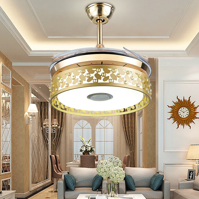 Hollow-out Circular Pendant Fan Light Nordic Metal 19" Wide LED Gold Semi Flush Lamp Fixture, 4 Blades Gold Clearhalo 'Ceiling Fans with Lights' 'Ceiling Fans' 'Modern Ceiling Fans' 'Modern' Lighting' 1984167