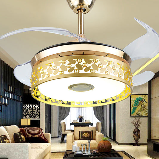 Hollow-out Circular Pendant Fan Light Nordic Metal 19" Wide LED Gold Semi Flush Lamp Fixture, 4 Blades Clearhalo 'Ceiling Fans with Lights' 'Ceiling Fans' 'Modern Ceiling Fans' 'Modern' Lighting' 1984168