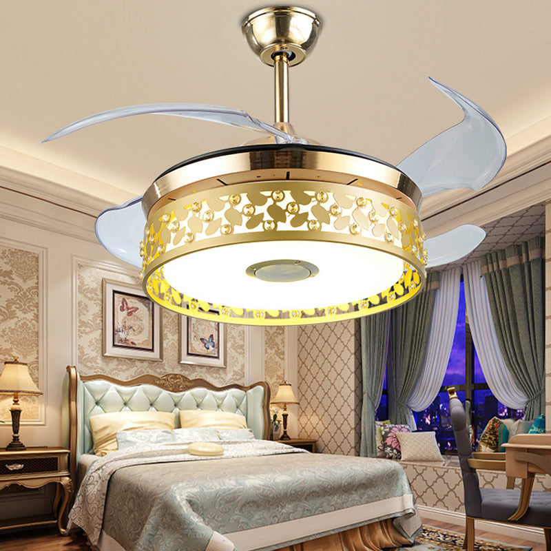 Hollow-out Circular Pendant Fan Light Nordic Metal 19" Wide LED Gold Semi Flush Lamp Fixture, 4 Blades Clearhalo 'Ceiling Fans with Lights' 'Ceiling Fans' 'Modern Ceiling Fans' 'Modern' Lighting' 1984169