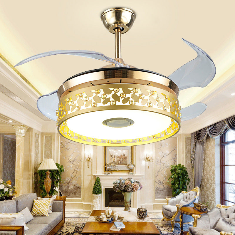 Hollow-out Circular Pendant Fan Light Nordic Metal 19" Wide LED Gold Semi Flush Lamp Fixture, 4 Blades Clearhalo 'Ceiling Fans with Lights' 'Ceiling Fans' 'Modern Ceiling Fans' 'Modern' Lighting' 1984170