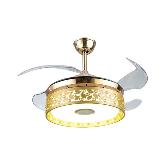 Hollow-out Circular Pendant Fan Light Nordic Metal 19" Wide LED Gold Semi Flush Lamp Fixture, 4 Blades Clearhalo 'Ceiling Fans with Lights' 'Ceiling Fans' 'Modern Ceiling Fans' 'Modern' Lighting' 1984171