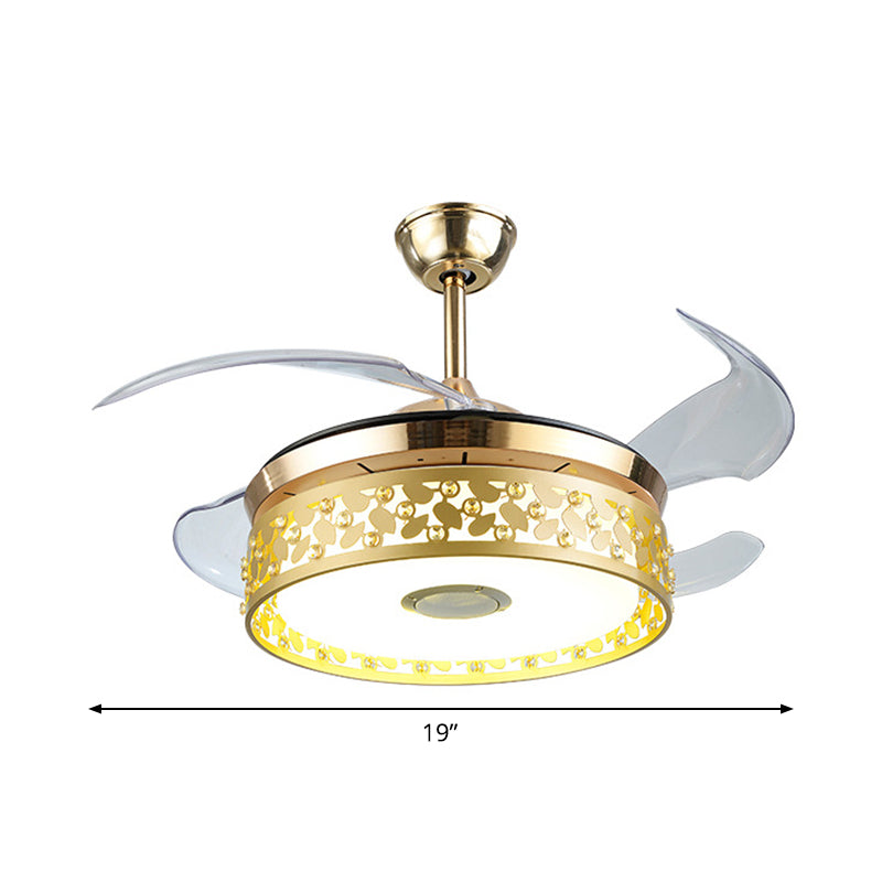 Hollow-out Circular Pendant Fan Light Nordic Metal 19" Wide LED Gold Semi Flush Lamp Fixture, 4 Blades Clearhalo 'Ceiling Fans with Lights' 'Ceiling Fans' 'Modern Ceiling Fans' 'Modern' Lighting' 1984172