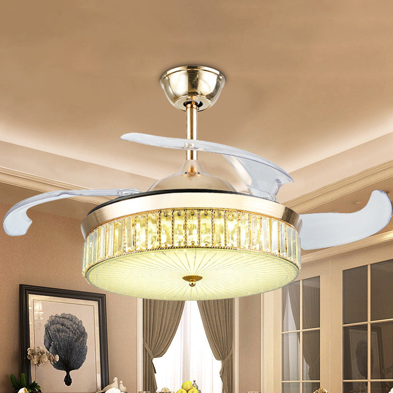 4 Blades Gold Drum Semi Flush Mount Contemporary Crystal Prism LED Ceiling Fan Lamp Fixture, 19" Wide Clearhalo 'Ceiling Fans with Lights' 'Ceiling Fans' 'Modern Ceiling Fans' 'Modern' Lighting' 1984174