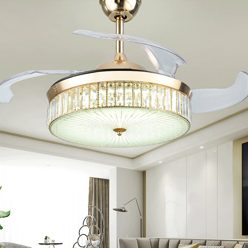 4 Blades Gold Drum Semi Flush Mount Contemporary Crystal Prism LED Ceiling Fan Lamp Fixture, 19" Wide Clearhalo 'Ceiling Fans with Lights' 'Ceiling Fans' 'Modern Ceiling Fans' 'Modern' Lighting' 1984175