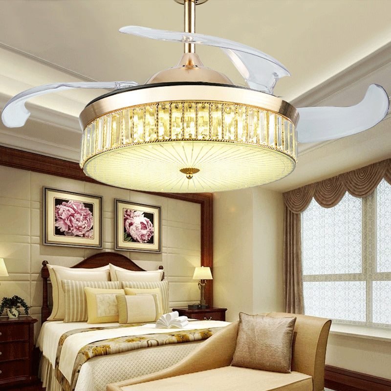 4 Blades Gold Drum Semi Flush Mount Contemporary Crystal Prism LED Ceiling Fan Lamp Fixture, 19" Wide Clearhalo 'Ceiling Fans with Lights' 'Ceiling Fans' 'Modern Ceiling Fans' 'Modern' Lighting' 1984176