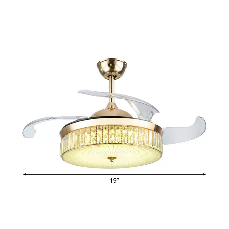 4 Blades Gold Drum Semi Flush Mount Contemporary Crystal Prism LED Ceiling Fan Lamp Fixture, 19" Wide Clearhalo 'Ceiling Fans with Lights' 'Ceiling Fans' 'Modern Ceiling Fans' 'Modern' Lighting' 1984178