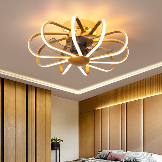 23.5" Wide Round Caged Bedroom Semi Flush Light Metal LED Modern Pendant Fan Lamp in Gold, 5 Blades Clearhalo 'Ceiling Fans with Lights' 'Ceiling Fans' 'Modern Ceiling Fans' 'Modern' Lighting' 1984180