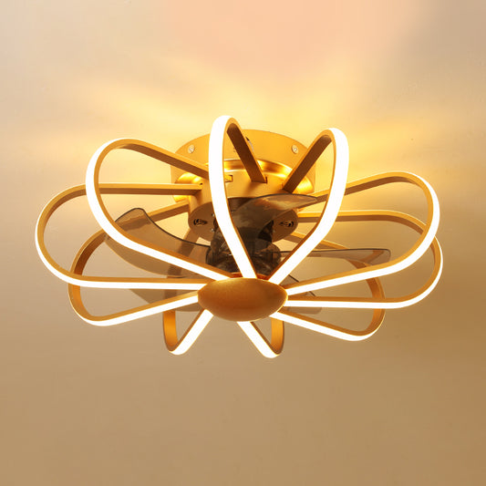 23.5" Wide Round Caged Bedroom Semi Flush Light Metal LED Modern Pendant Fan Lamp in Gold, 5 Blades Clearhalo 'Ceiling Fans with Lights' 'Ceiling Fans' 'Modern Ceiling Fans' 'Modern' Lighting' 1984181