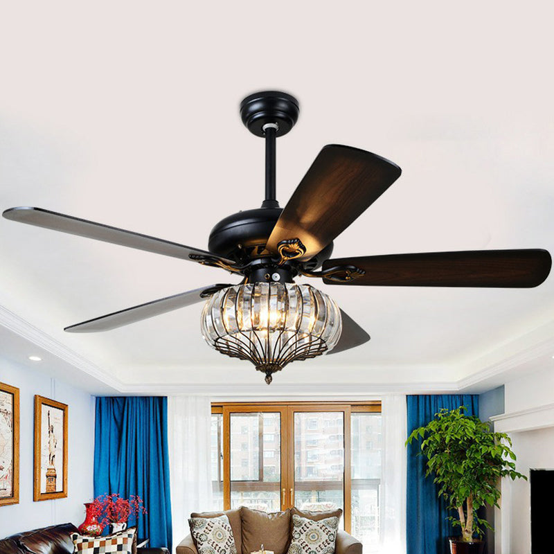 5 Blades Black Round Shaped Semi Flush Light Rustic Beveled Crystal Living Room LED Ceiling Fan Lamp, 52" Wide Black Clearhalo 'Ceiling Fans with Lights' 'Ceiling Fans' Lighting' 1984224