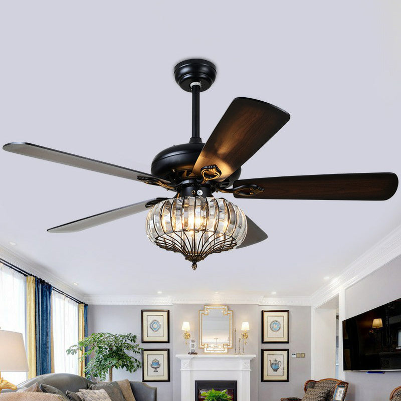 5 Blades Black Round Shaped Semi Flush Light Rustic Beveled Crystal Living Room LED Ceiling Fan Lamp, 52" Wide Clearhalo 'Ceiling Fans with Lights' 'Ceiling Fans' Lighting' 1984225