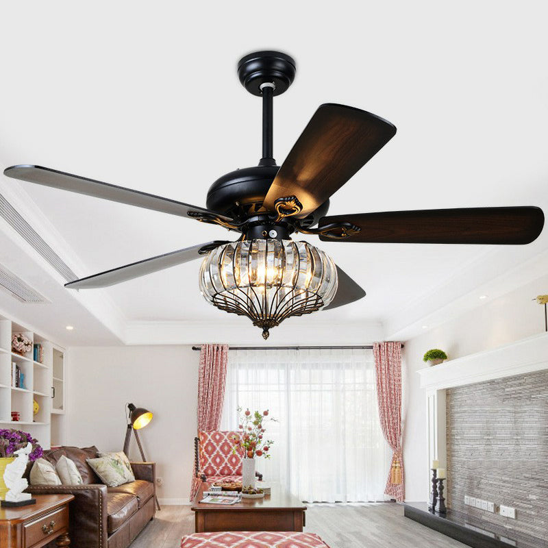 5 Blades Black Round Shaped Semi Flush Light Rustic Beveled Crystal Living Room LED Ceiling Fan Lamp, 52" Wide Clearhalo 'Ceiling Fans with Lights' 'Ceiling Fans' Lighting' 1984226