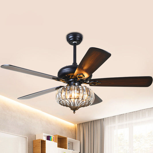 5 Blades Black Round Shaped Semi Flush Light Rustic Beveled Crystal Living Room LED Ceiling Fan Lamp, 52" Wide Clearhalo 'Ceiling Fans with Lights' 'Ceiling Fans' Lighting' 1984227