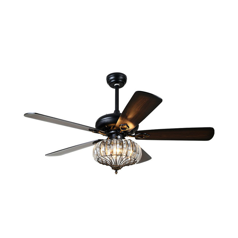 5 Blades Black Round Shaped Semi Flush Light Rustic Beveled Crystal Living Room LED Ceiling Fan Lamp, 52" Wide Clearhalo 'Ceiling Fans with Lights' 'Ceiling Fans' Lighting' 1984228