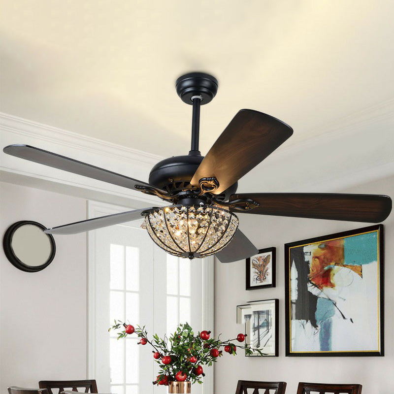 52" Wide Bowl Shade Dining Room Semi Flush Farmhouse Crystal Dark Wood LED Hanging Fan Light, 5 Blades Dark Wood Clearhalo 'Ceiling Fans with Lights' 'Ceiling Fans' Lighting' 1984230