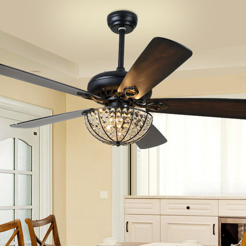 52" Wide Bowl Shade Dining Room Semi Flush Farmhouse Crystal Dark Wood LED Hanging Fan Light, 5 Blades Clearhalo 'Ceiling Fans with Lights' 'Ceiling Fans' Lighting' 1984231
