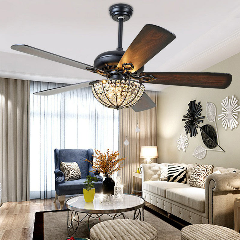 52" Wide Bowl Shade Dining Room Semi Flush Farmhouse Crystal Dark Wood LED Hanging Fan Light, 5 Blades Clearhalo 'Ceiling Fans with Lights' 'Ceiling Fans' Lighting' 1984233