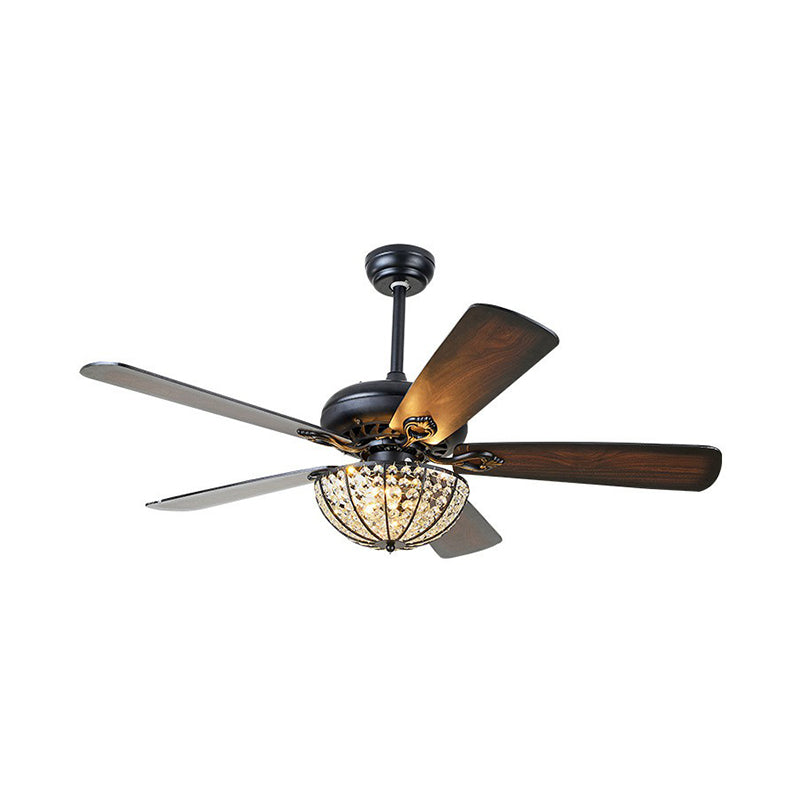 52" Wide Bowl Shade Dining Room Semi Flush Farmhouse Crystal Dark Wood LED Hanging Fan Light, 5 Blades Clearhalo 'Ceiling Fans with Lights' 'Ceiling Fans' Lighting' 1984234