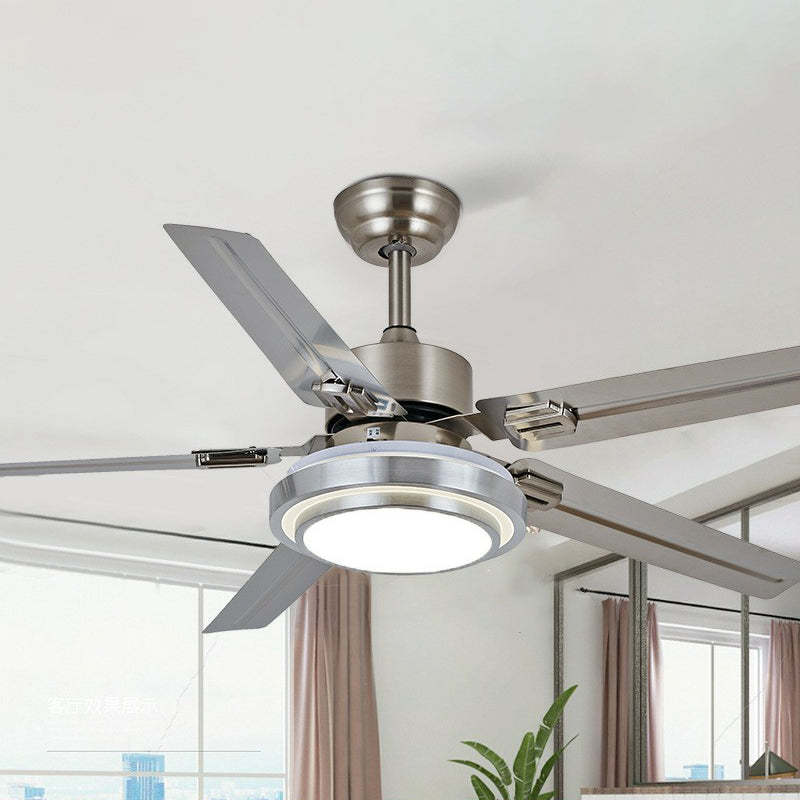 5-Blade Nickel Round Semi Mount Lighting Classic Metal LED Bedroom Hanging Fan Lamp Fixture, 42" Wide Nickel Clearhalo 'Ceiling Fans with Lights' 'Ceiling Fans' Lighting' 1984355