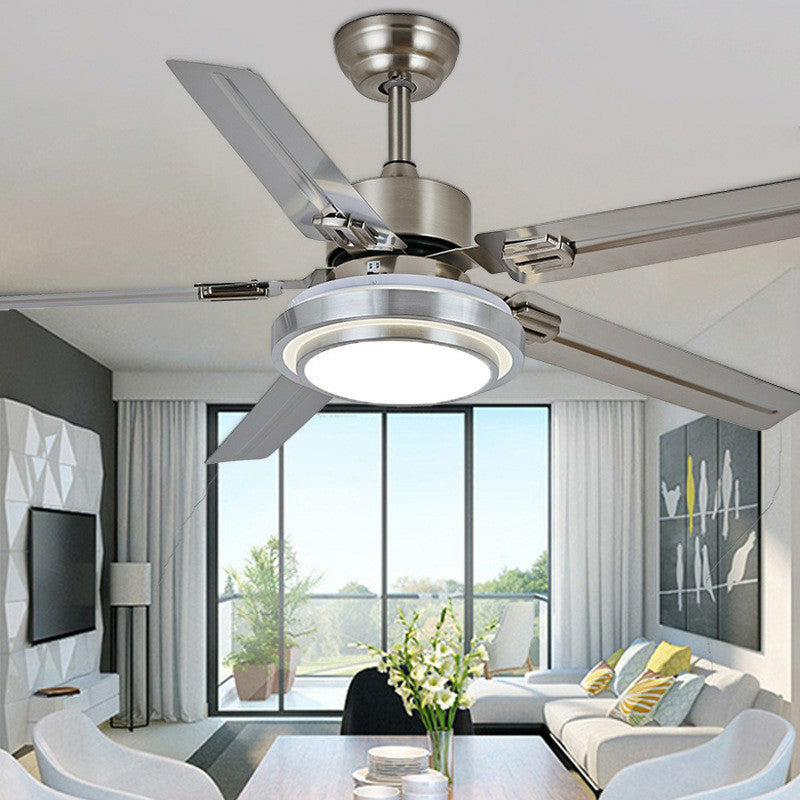 5-Blade Nickel Round Semi Mount Lighting Classic Metal LED Bedroom Hanging Fan Lamp Fixture, 42" Wide Clearhalo 'Ceiling Fans with Lights' 'Ceiling Fans' Lighting' 1984356