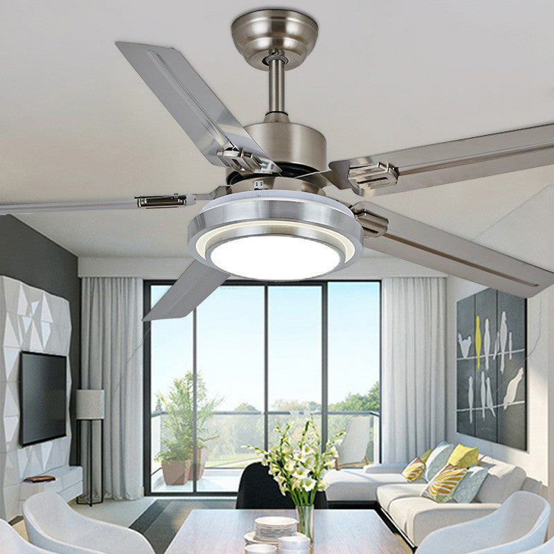 5-Blade Nickel Round Semi Mount Lighting Classic Metal LED Bedroom Hanging Fan Lamp Fixture, 42" Wide Clearhalo 'Ceiling Fans with Lights' 'Ceiling Fans' Lighting' 1984356