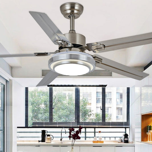 5-Blade Nickel Round Semi Mount Lighting Classic Metal LED Bedroom Hanging Fan Lamp Fixture, 42" Wide Clearhalo 'Ceiling Fans with Lights' 'Ceiling Fans' Lighting' 1984357