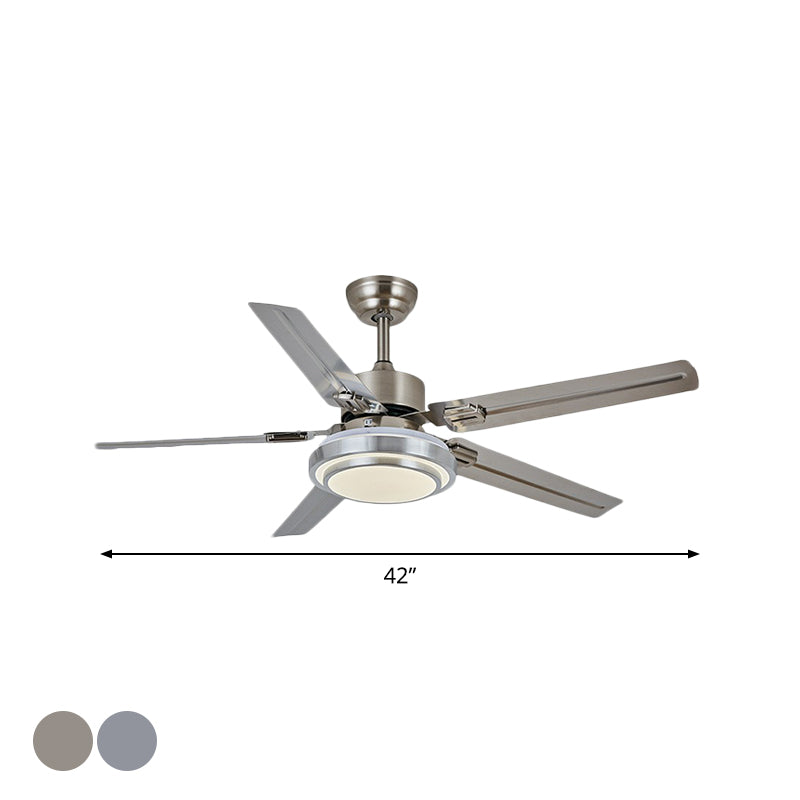 5-Blade Nickel Round Semi Mount Lighting Classic Metal LED Bedroom Hanging Fan Lamp Fixture, 42" Wide Clearhalo 'Ceiling Fans with Lights' 'Ceiling Fans' Lighting' 1984362