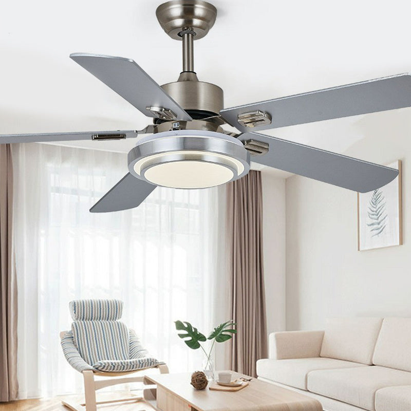 5-Blade Nickel Round Semi Mount Lighting Classic Metal LED Bedroom Hanging Fan Lamp Fixture, 42" Wide Silver Clearhalo 'Ceiling Fans with Lights' 'Ceiling Fans' Lighting' 1984364