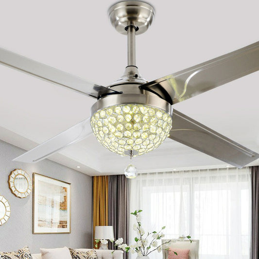 48" Wide LED Crystal Pendant Fan Lamp Rustic Nickel Domed Living Room Semi Flush Light with 4 Blades Clearhalo 'Ceiling Fans with Lights' 'Ceiling Fans' Lighting' 1984374