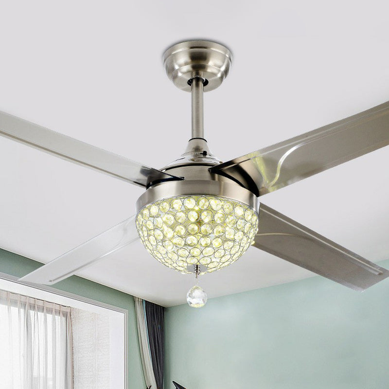 48" Wide LED Crystal Pendant Fan Lamp Rustic Nickel Domed Living Room Semi Flush Light with 4 Blades Clearhalo 'Ceiling Fans with Lights' 'Ceiling Fans' Lighting' 1984375