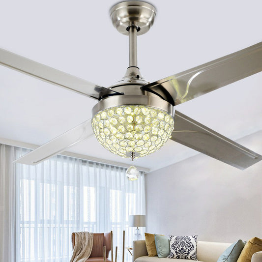 48" Wide LED Crystal Pendant Fan Lamp Rustic Nickel Domed Living Room Semi Flush Light with 4 Blades Clearhalo 'Ceiling Fans with Lights' 'Ceiling Fans' Lighting' 1984376