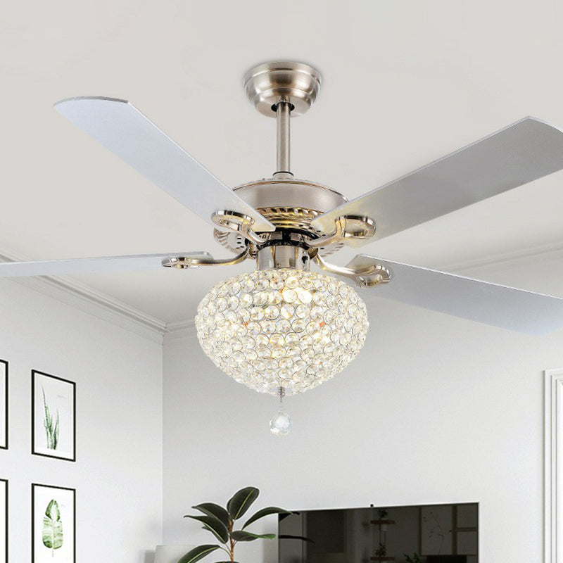 4 Blades Nickel LED Semi Flush Mount Farmhouse Crystal Waterdrop Hanging Fan Light Fixture, 52" Wide Nickel Clearhalo 'Ceiling Fans with Lights' 'Ceiling Fans' Lighting' 1984379