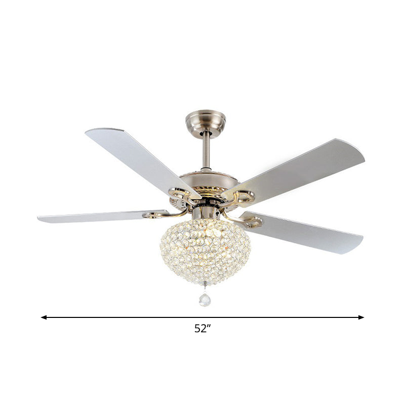 4 Blades Nickel LED Semi Flush Mount Farmhouse Crystal Waterdrop Hanging Fan Light Fixture, 52" Wide Clearhalo 'Ceiling Fans with Lights' 'Ceiling Fans' Lighting' 1984384