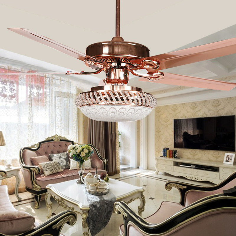 3 Heads Hanging Fan Lamp Vintage Living Room Semi-Flush Ceiling Light with Bowl Frosted Glass Shade Gold 42" Clearhalo 'Ceiling Fans with Lights' 'Ceiling Fans' Lighting' 1984385