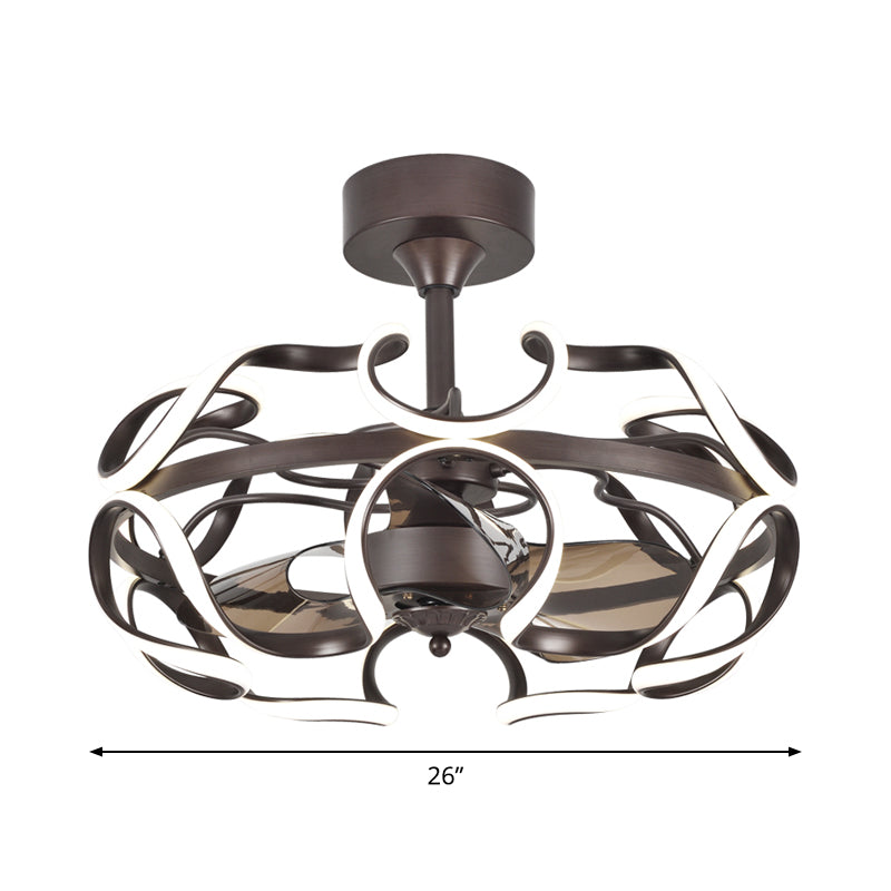 3-Blade Metal Geometry Semi Flush Mount Modernism 26" Wide LED Brown Ceiling Fan Light Fixture Clearhalo 'Ceiling Fans with Lights' 'Ceiling Fans' 'Modern Ceiling Fans' 'Modern' Lighting' 1984424