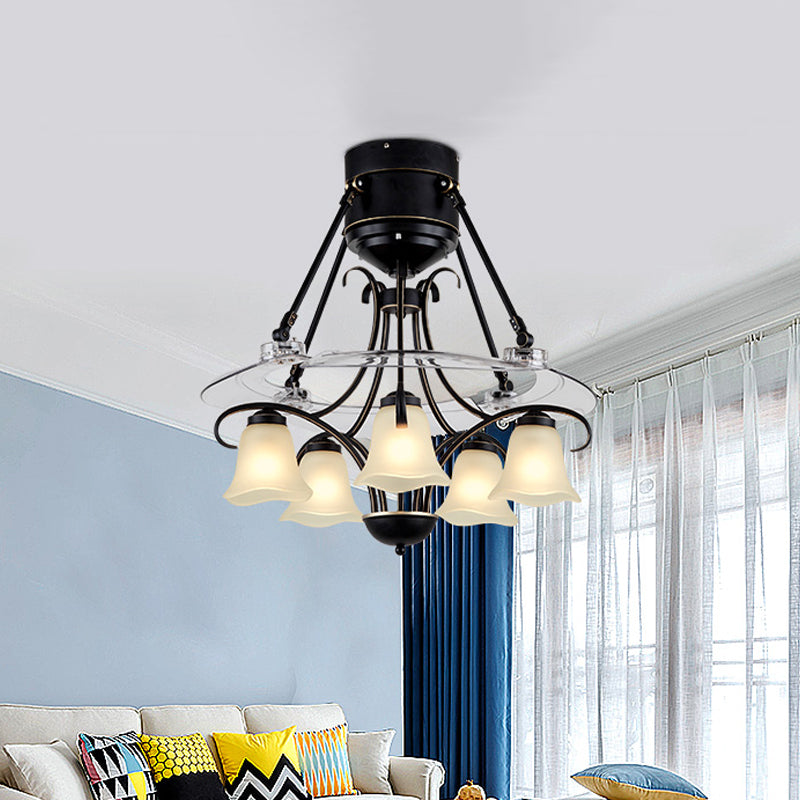 48" Wide Geometric Hanging Fan Light Modernity Metal Black Semi-Flush Mount with 4 Blades Black Flower Shape Clearhalo 'Ceiling Fans with Lights' 'Ceiling Fans' 'Modern Ceiling Fans' 'Modern' Lighting' 1984425