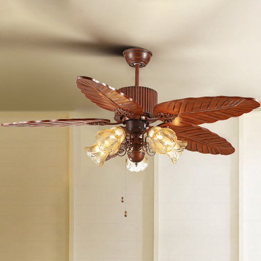 Bell Frosted Glass Pendant Fan Light Simple 5 Blades 5 Lights Brown Semi Flush Mount Lighting with Pull Chain Brown 42" Clearhalo 'Ceiling Fans with Lights' 'Ceiling Fans' Lighting' 1984450