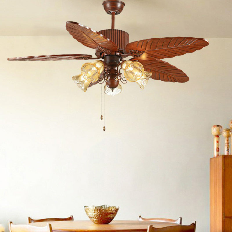 Bell Frosted Glass Pendant Fan Light Simple 5 Blades 5 Lights Brown Semi Flush Mount Lighting with Pull Chain Brown 52" Clearhalo 'Ceiling Fans with Lights' 'Ceiling Fans' Lighting' 1984453