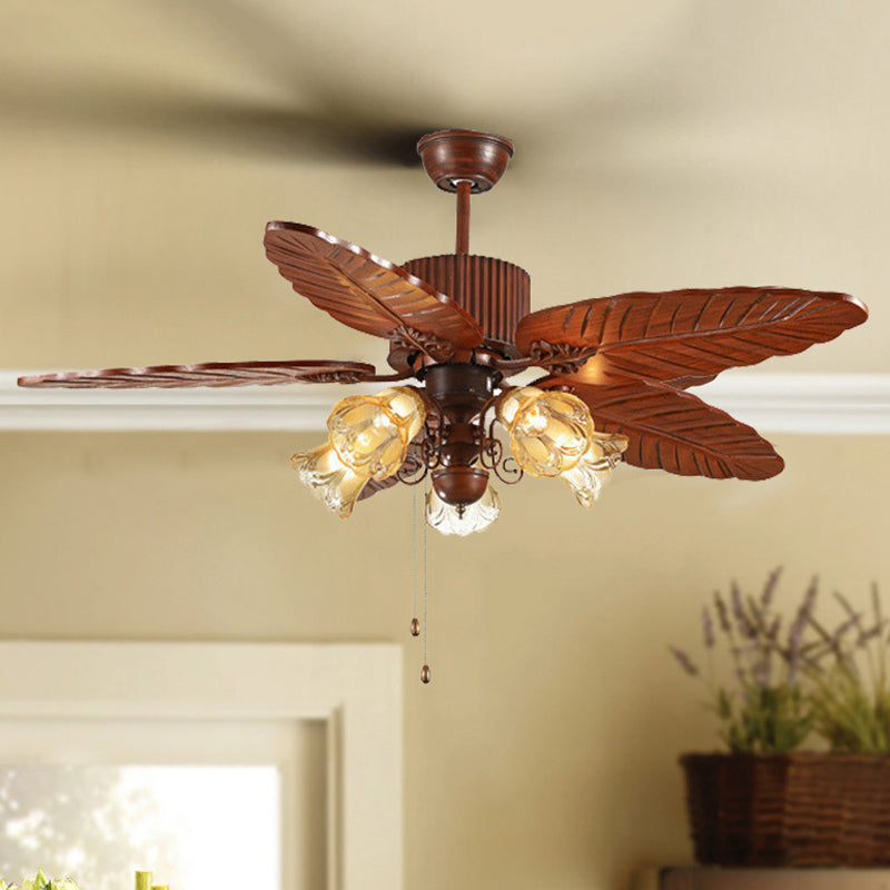 Bell Frosted Glass Pendant Fan Light Simple 5 Blades 5 Lights Brown Semi Flush Mount Lighting with Pull Chain Clearhalo 'Ceiling Fans with Lights' 'Ceiling Fans' Lighting' 1984454