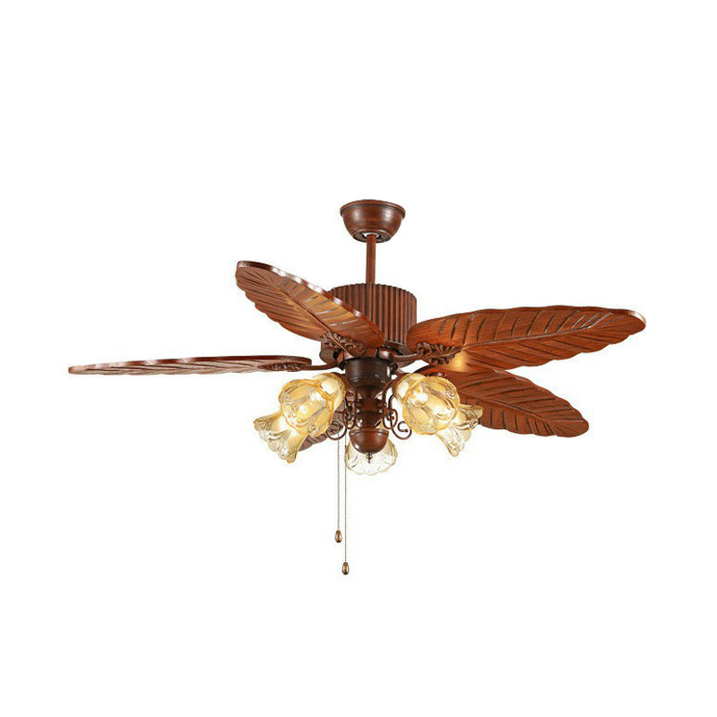 Bell Frosted Glass Pendant Fan Light Simple 5 Blades 5 Lights Brown Semi Flush Mount Lighting with Pull Chain Clearhalo 'Ceiling Fans with Lights' 'Ceiling Fans' Lighting' 1984455