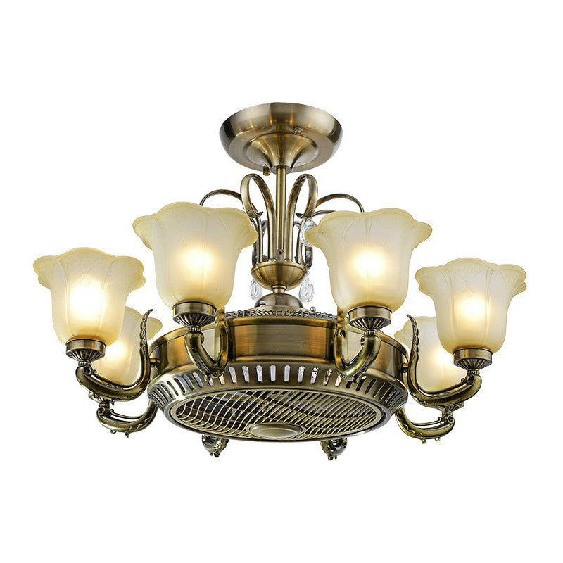 34" Wide Vintage Floral Pendant Fan Lamp Frosted Glass 3-Blade Semi-Flush Ceiling Light in Light Gold Clearhalo 'Ceiling Fans with Lights' 'Ceiling Fans' Lighting' 1984460