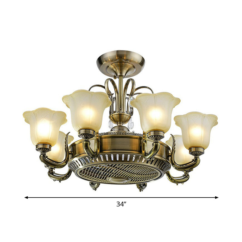 34" Wide Vintage Floral Pendant Fan Lamp Frosted Glass 3-Blade Semi-Flush Ceiling Light in Light Gold Clearhalo 'Ceiling Fans with Lights' 'Ceiling Fans' Lighting' 1984461