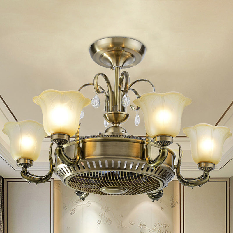 34" Wide Vintage Floral Pendant Fan Lamp Frosted Glass 3-Blade Semi-Flush Ceiling Light in Light Gold 6.0 Light Gold Clearhalo 'Ceiling Fans with Lights' 'Ceiling Fans' Lighting' 1984462