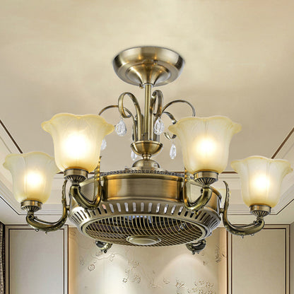 34" Wide Vintage Floral Pendant Fan Lamp Frosted Glass 3-Blade Semi-Flush Ceiling Light in Light Gold 6.0 Light Gold Clearhalo 'Ceiling Fans with Lights' 'Ceiling Fans' Lighting' 1984462