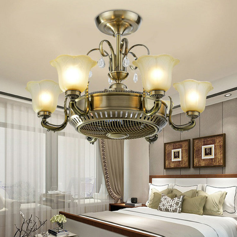 34" Wide Vintage Floral Pendant Fan Lamp Frosted Glass 3-Blade Semi-Flush Ceiling Light in Light Gold Clearhalo 'Ceiling Fans with Lights' 'Ceiling Fans' Lighting' 1984463