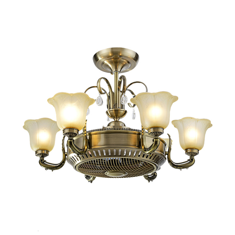 34" Wide Vintage Floral Pendant Fan Lamp Frosted Glass 3-Blade Semi-Flush Ceiling Light in Light Gold Clearhalo 'Ceiling Fans with Lights' 'Ceiling Fans' Lighting' 1984464