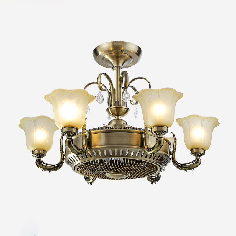 34" Wide Vintage Floral Pendant Fan Lamp Frosted Glass 3-Blade Semi-Flush Ceiling Light in Light Gold Clearhalo 'Ceiling Fans with Lights' 'Ceiling Fans' Lighting' 1984465